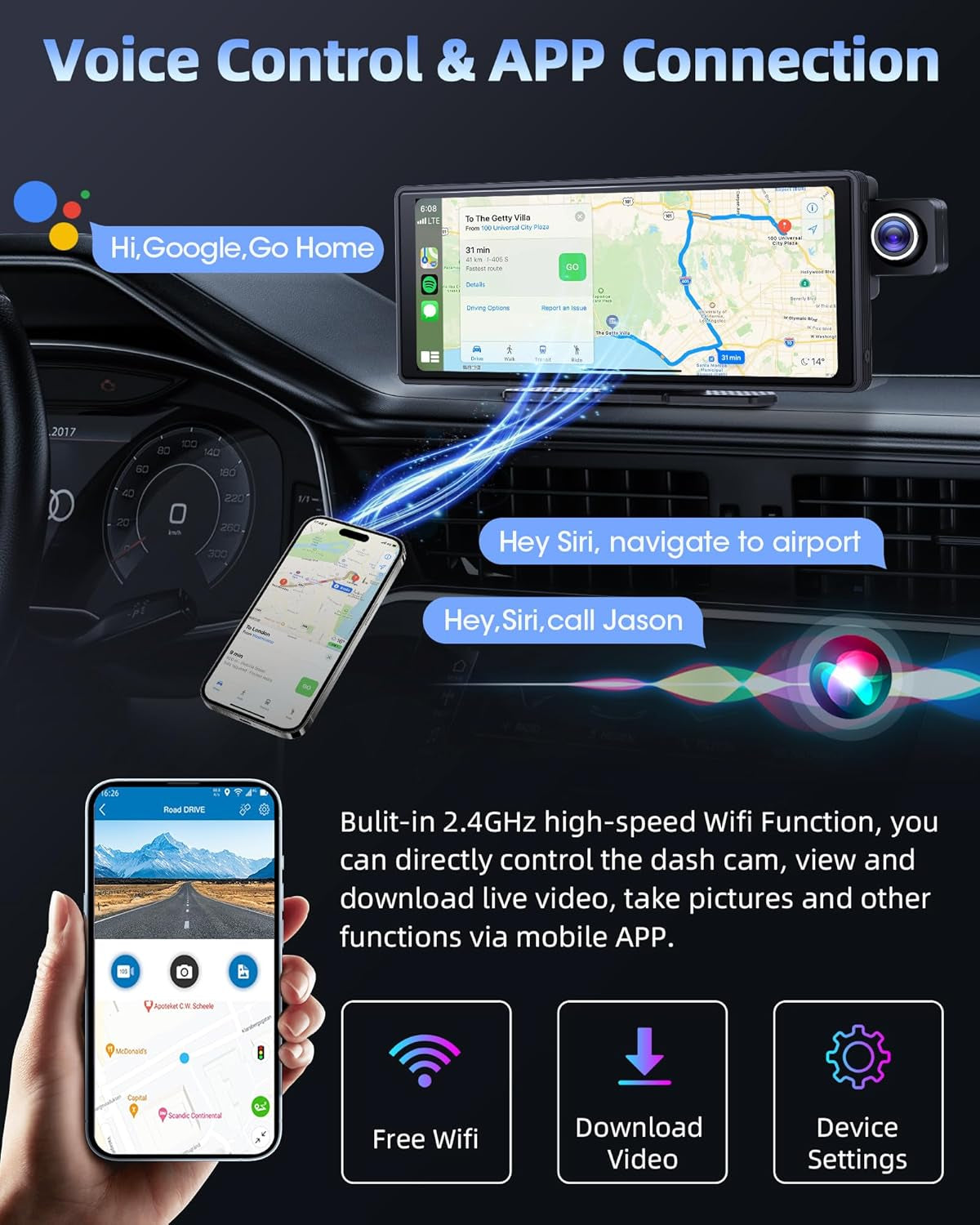 350° Rotatable Pantalla Carplay Android Auto Con 4K Dash CAM, 10.26 Pulgadas Pantalla Cocho Carplay Pantalla Aoche Android Portátil Carplay Dual Bluetooth 64G TF Card