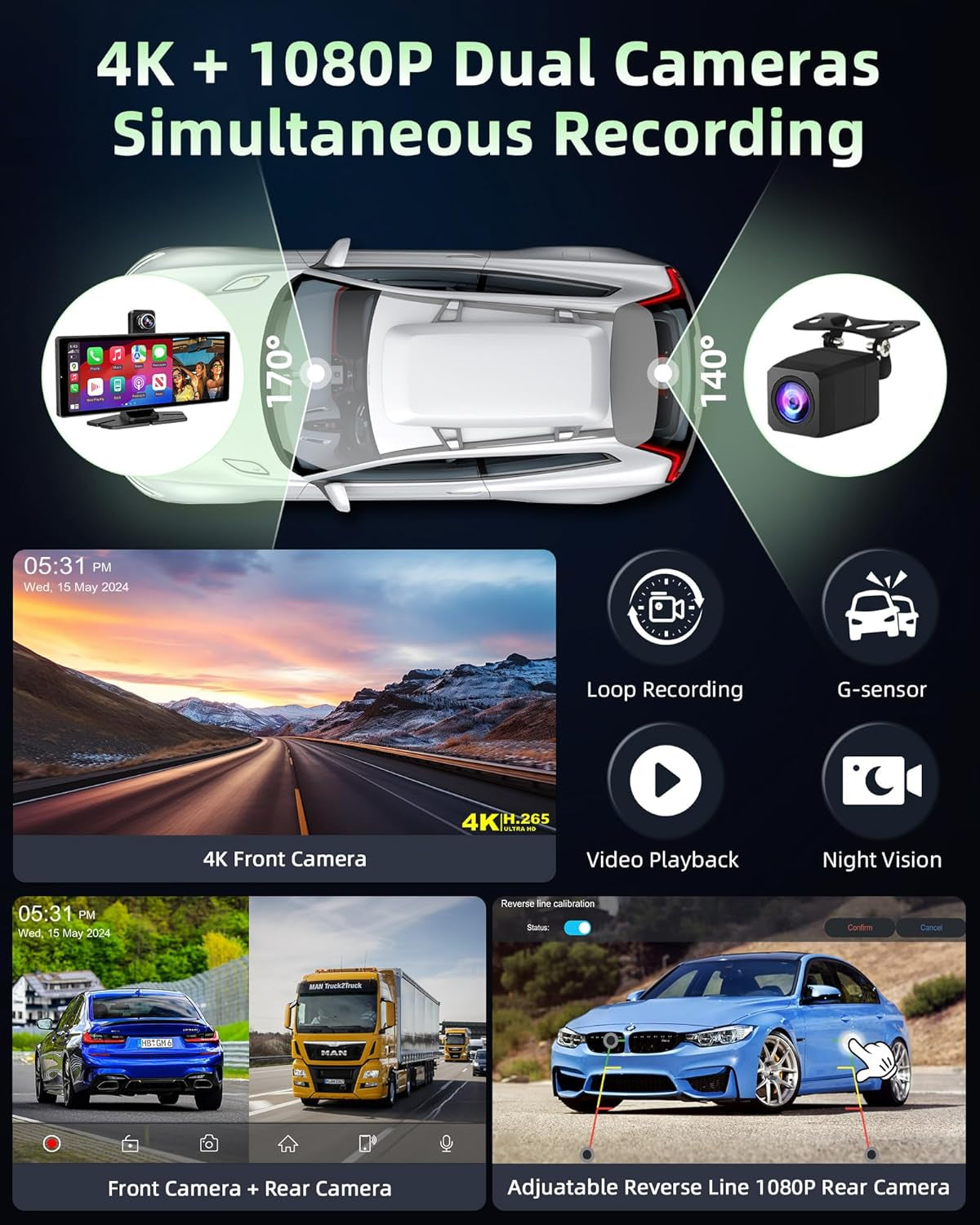 350° Rotatable Pantalla Carplay Android Auto Con 4K Dash CAM, 10.26 Pulgadas Pantalla Cocho Carplay Pantalla Aoche Android Portátil Carplay Dual Bluetooth 64G TF Card