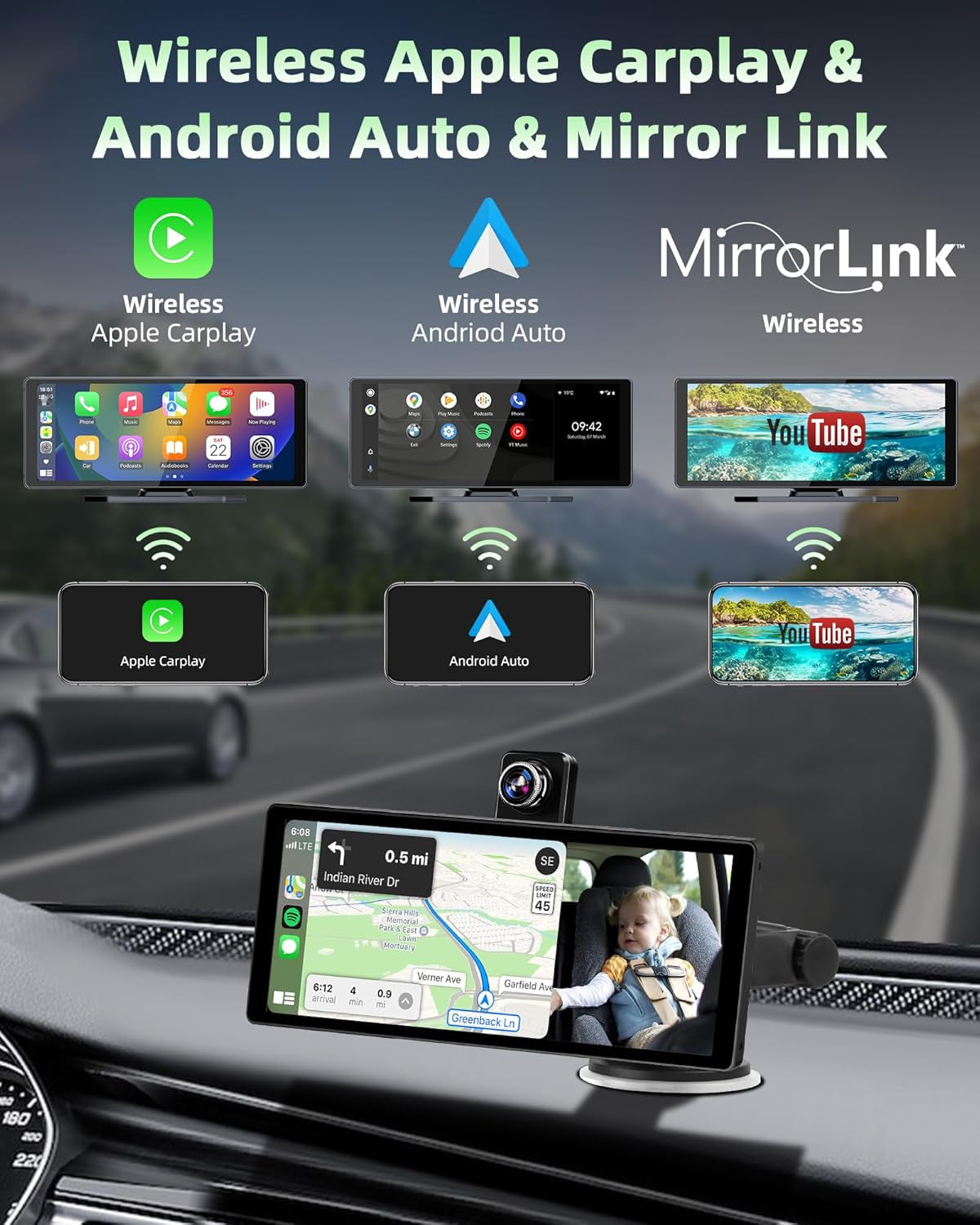 350° Rotatable Pantalla Carplay Android Auto Con 4K Dash CAM, 10.26 Pulgadas Pantalla Cocho Carplay Pantalla Aoche Android Portátil Carplay Dual Bluetooth 64G TF Card