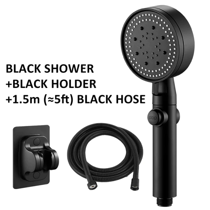 Shower Head Water Saving Black 5 Mode Adjustable High Pressure Shower One-Key Stop Water Massage Eco Shower Bathroom Accessories