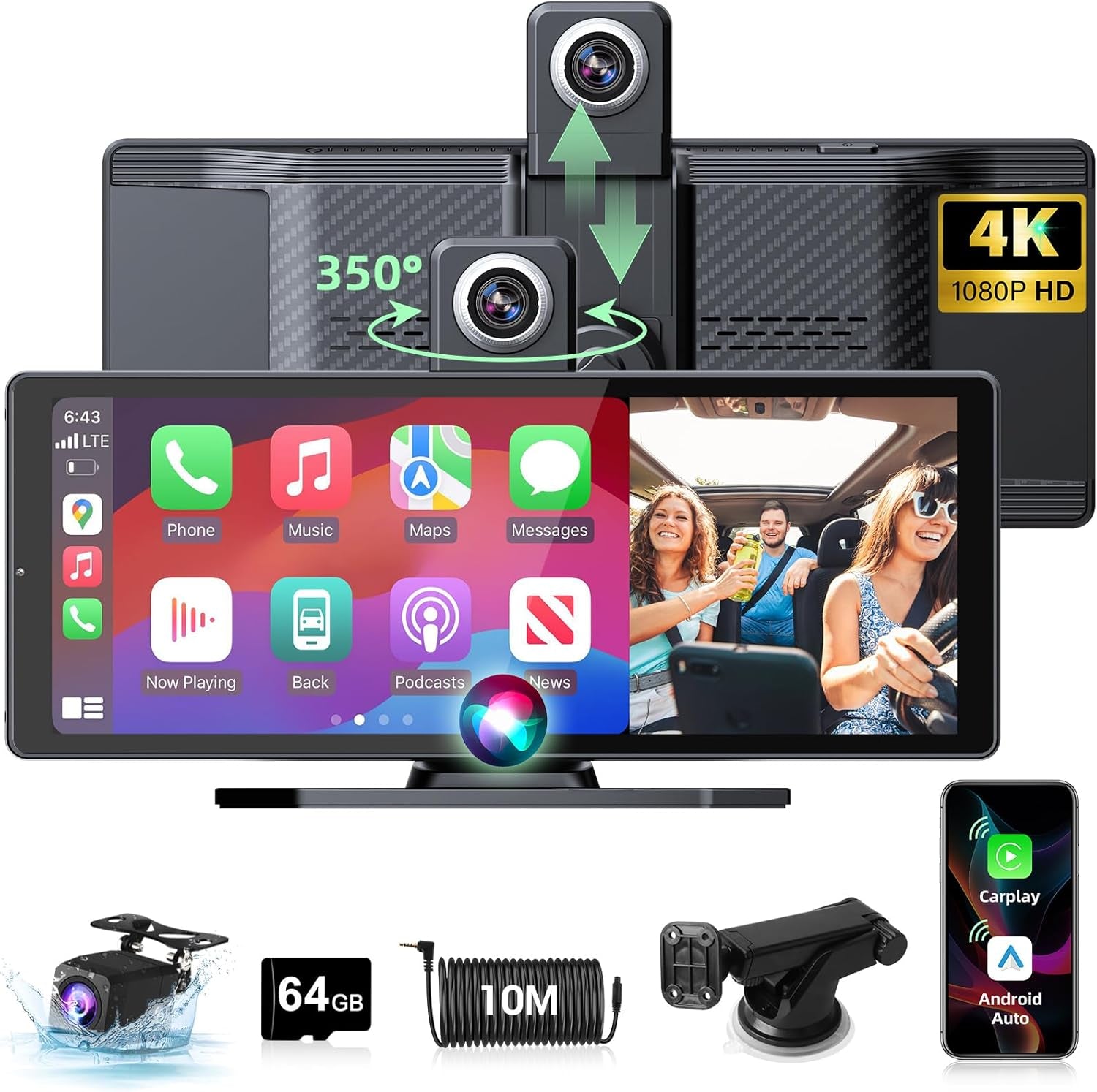 350° Rotatable Pantalla Carplay Android Auto Con 4K Dash CAM, 10.26 Pulgadas Pantalla Cocho Carplay Pantalla Aoche Android Portátil Carplay Dual Bluetooth 64G TF Card